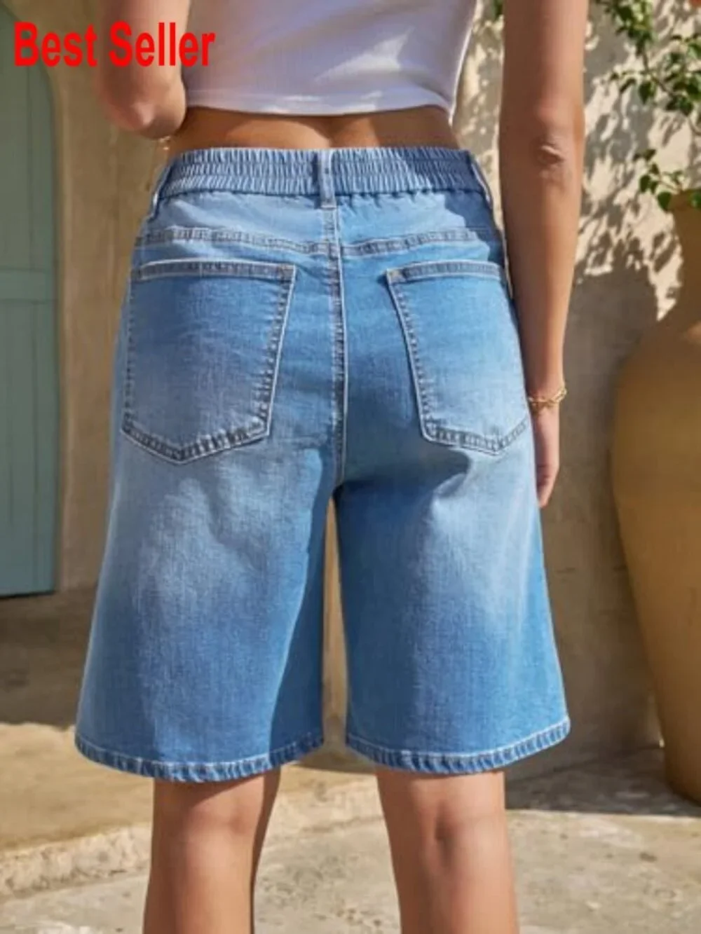 Cotton Denim Bermuda Jean Shorts Elastic Waisted Baggy Knee Length